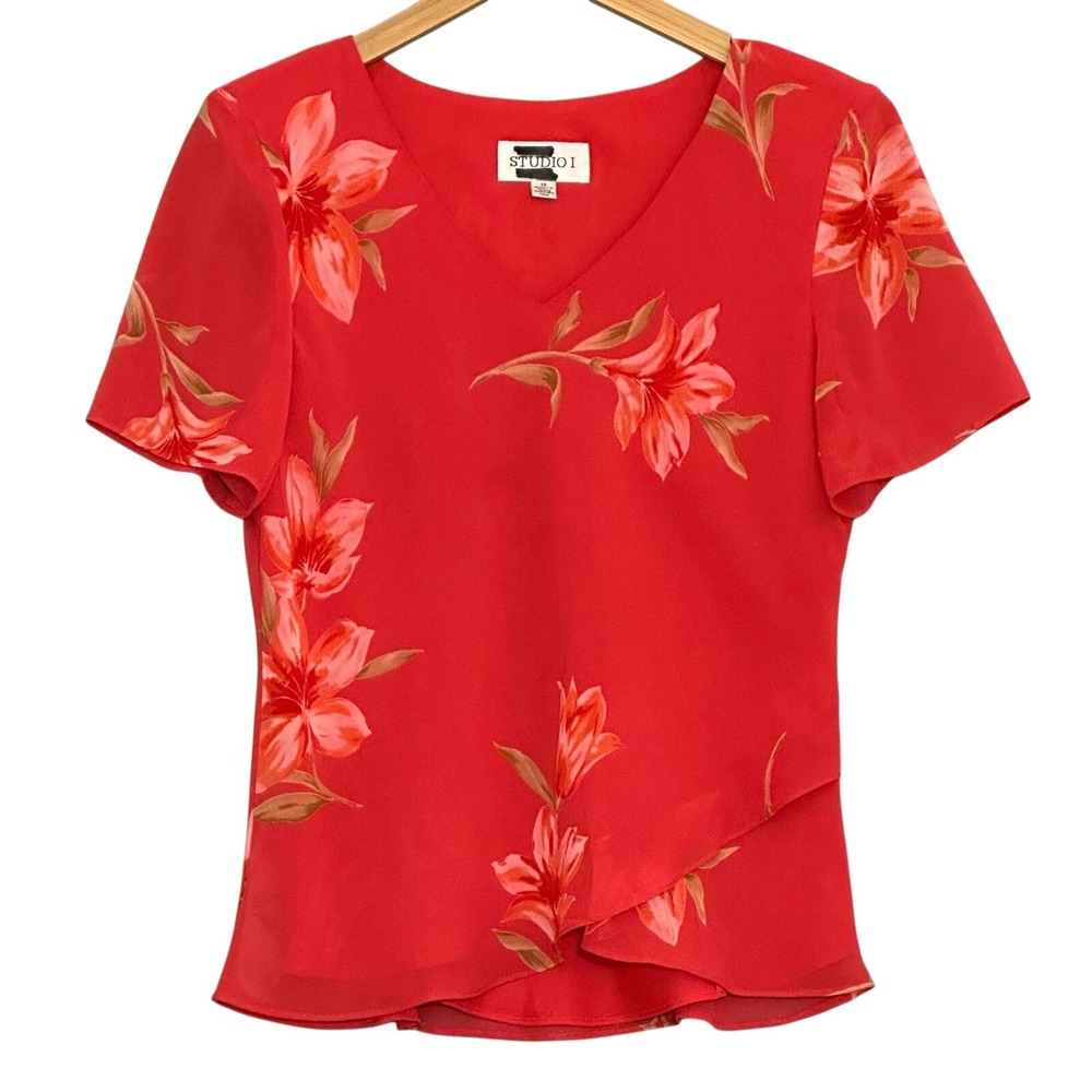 VTG Studio I Womens Top 12 Red Floral Chiffon Flowy Girlie Feminine Cottagecore